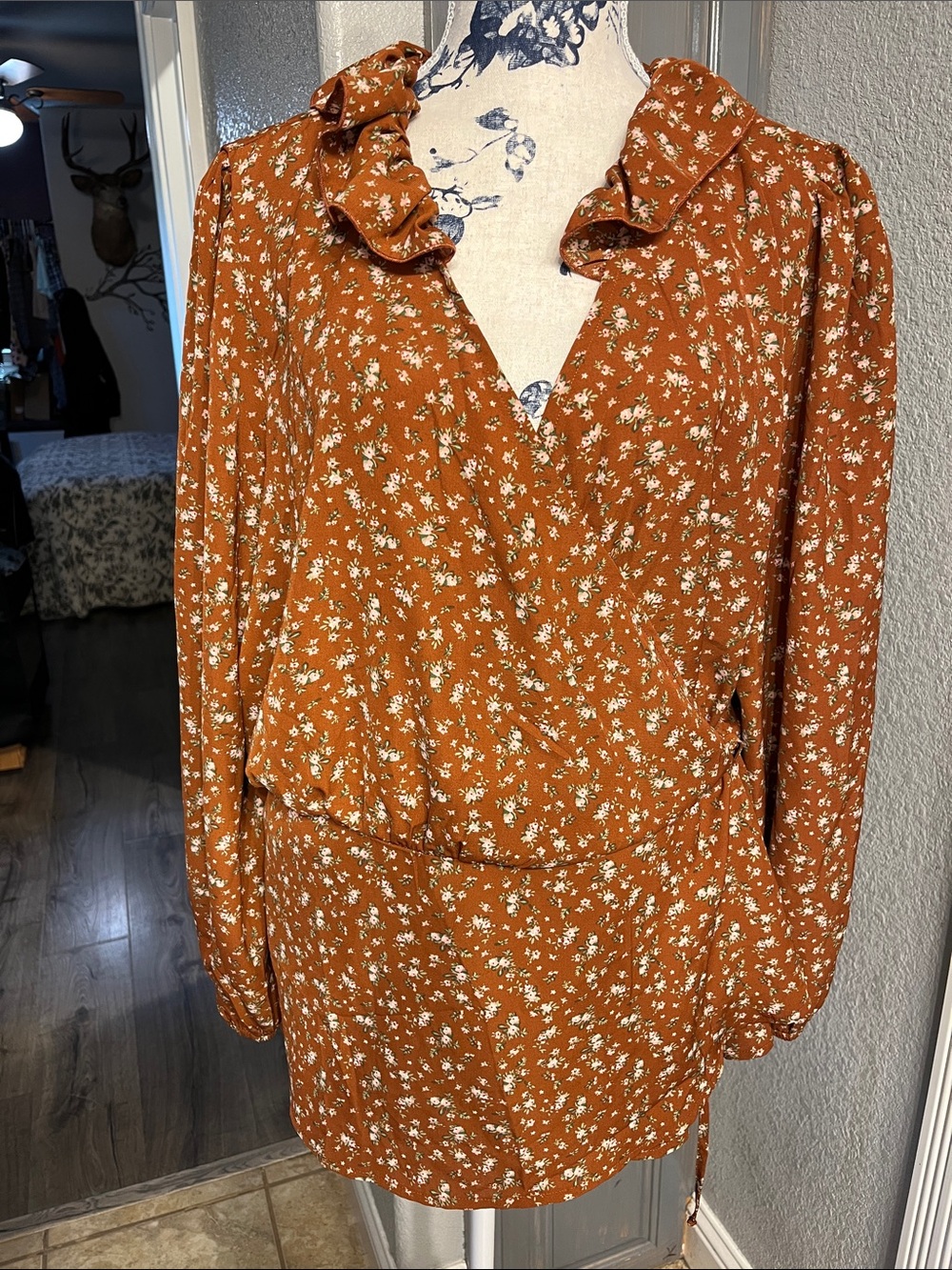 Zenobia Rust Floral Ruffle Wrap Blouse